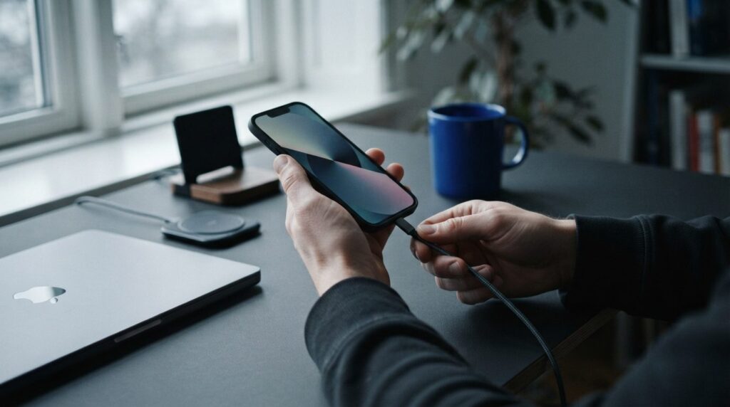 Hænder holder en telefon ved et skrivebord med elektronik i sort og aluminium, med blåt accentlys og skarp skyggeeffekt.