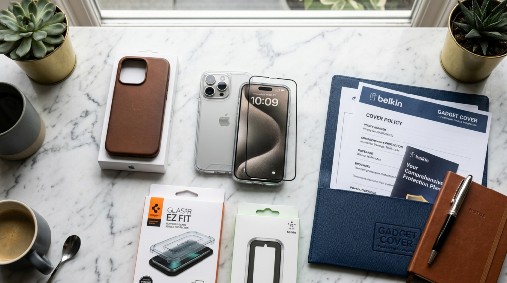 Flat lay overhead shot of modern smartphone protection ecosy
