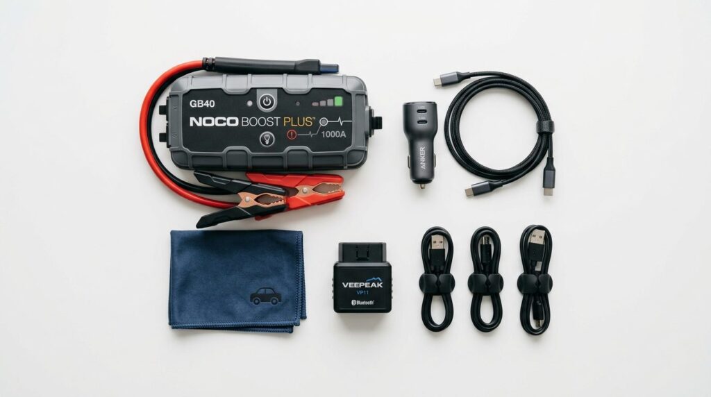 Close-up flat lay photography of essential car tech accessor