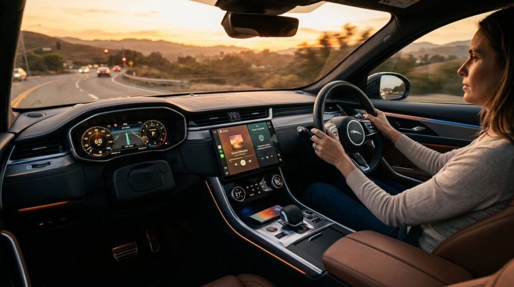 Modern car interior detail shot showing smart integration: i