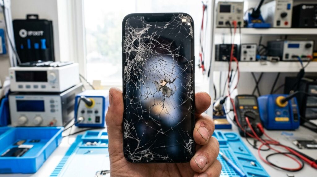 Close-up photorealistic shot of a damaged iPhone screen bein