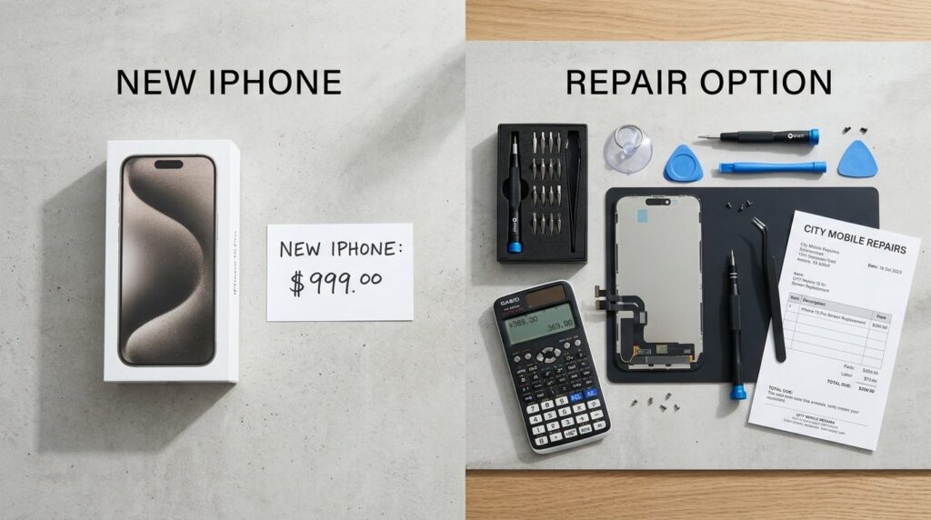 Flat lay photorealistic composition showing cost comparison 