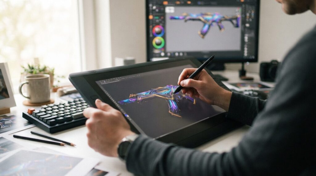 Close-up photorealistic image of hands working on a digital 