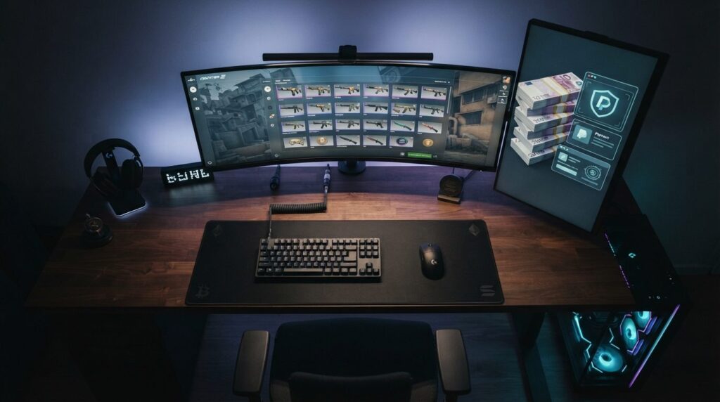 Cinematic overhead shot of a modern gaming desk with CS2 dis
