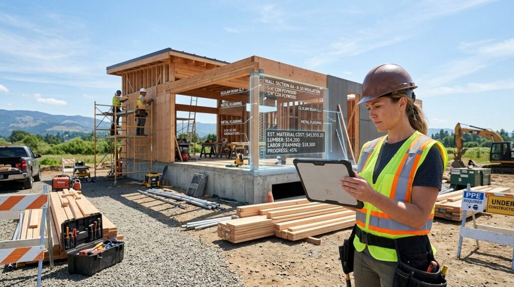Wide photorealistic view of construction site with digital o
