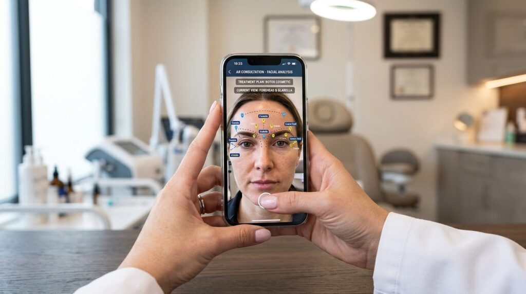 Close-up of hands holding smartphone displaying augmented re