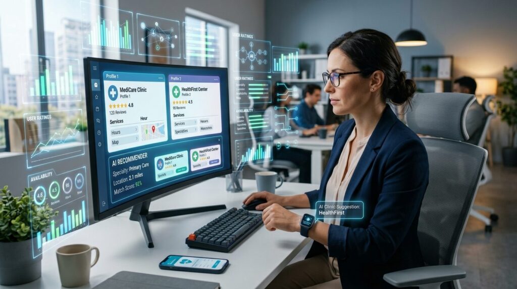 Woman comparing multiple digital clinic profiles and AI-powe