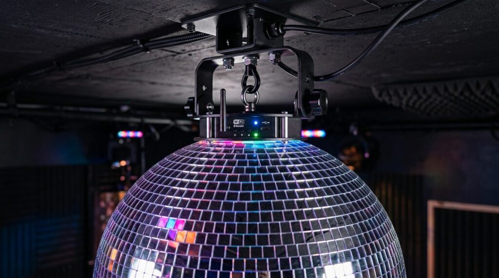 Close-up detail shot of a high-tech disco ball with integrat
