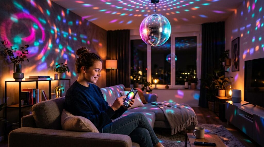 Young adult in modern apartment controlling smart disco ball