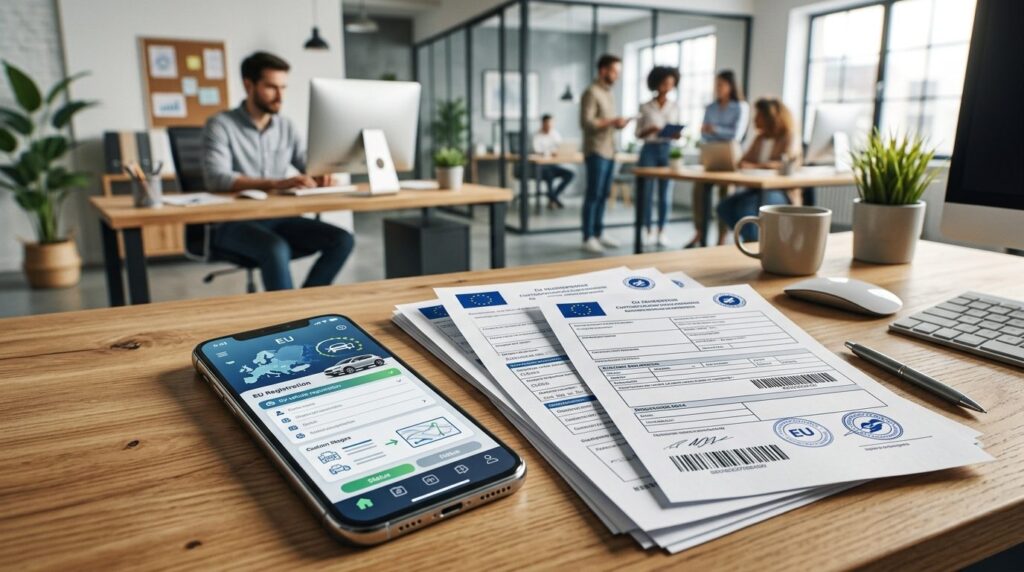Modern illustration style photo of a mobile phone and docume