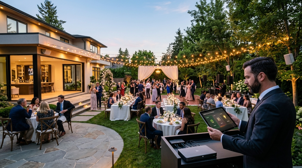 Wide-angle photorealistic image of an upscale backyard weddi