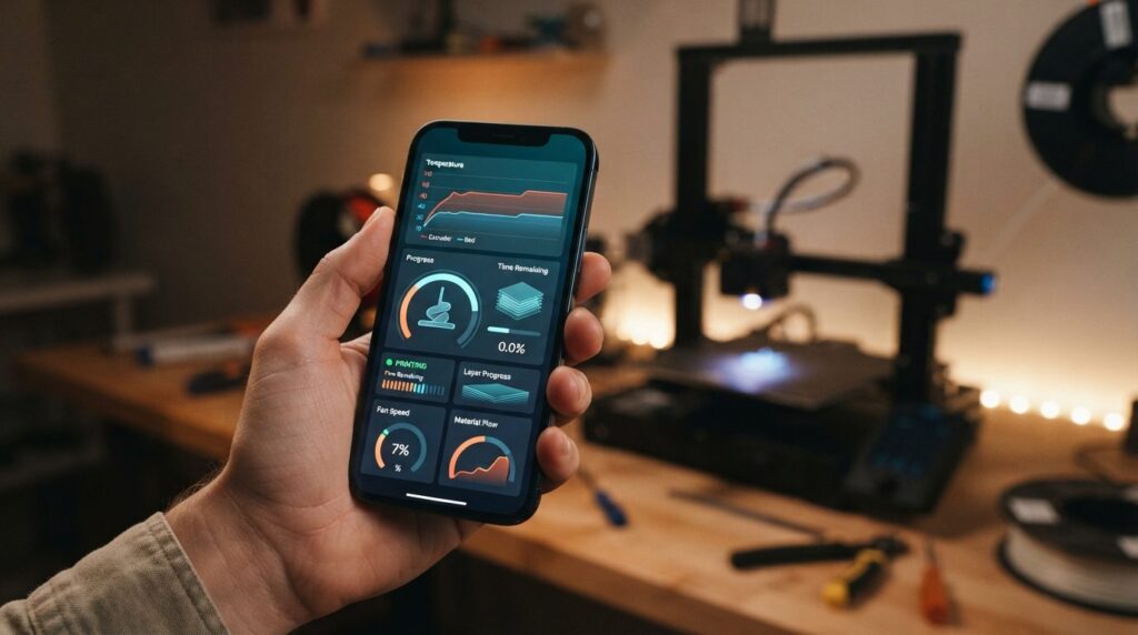 Close-up shot of a smartphone showing a detailed 3D printer