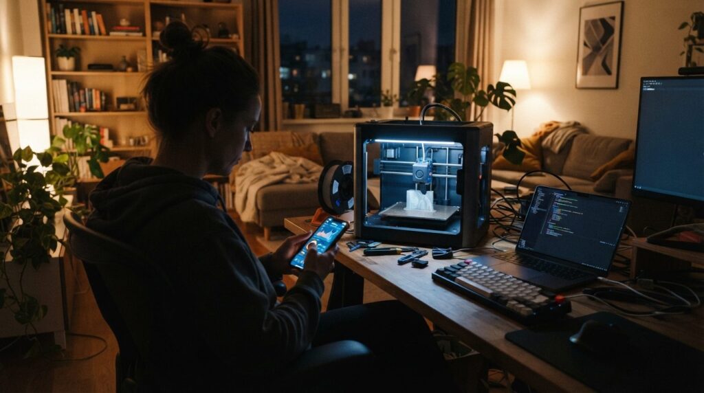 Wide angle view of a contemporary home workspace with a comp