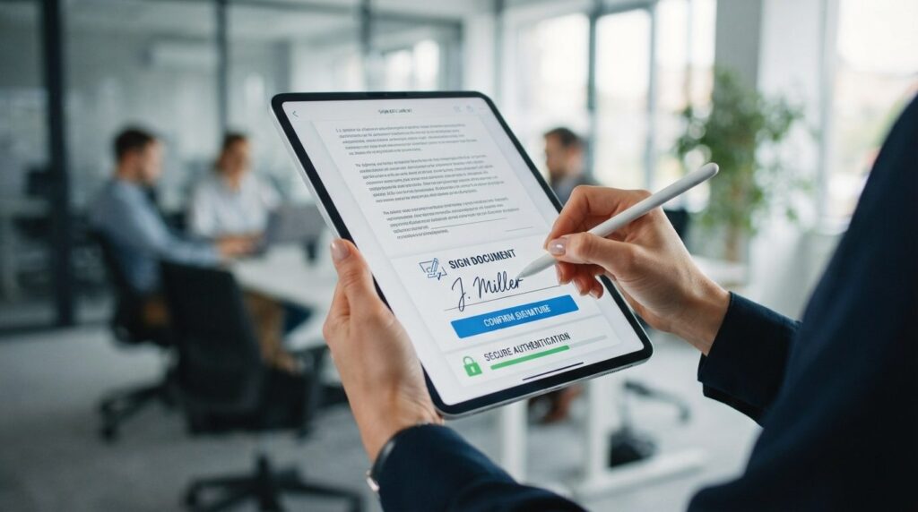 Close-up of hands holding tablet displaying legal document w
