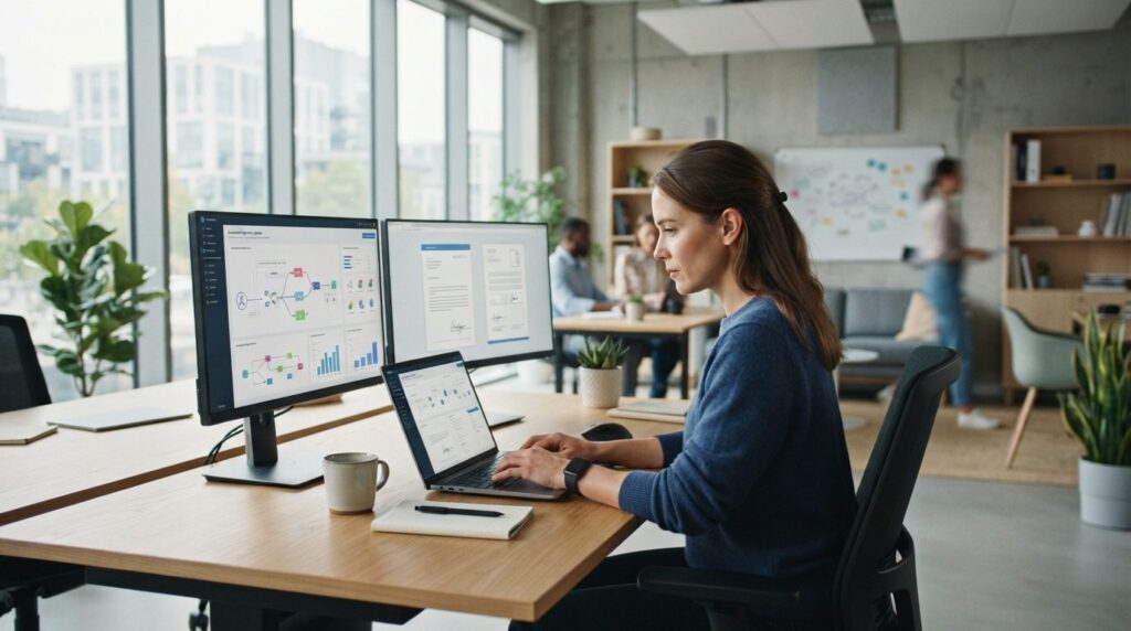 Tech entrepreneur working on laptop in contemporary startup 