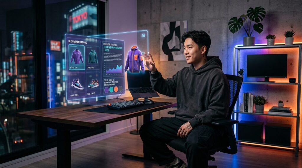 Modern tech-savvy young adult in a minimalist apartment work