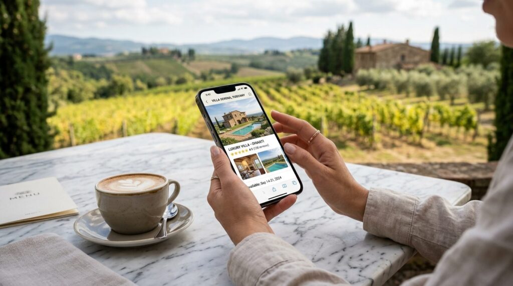 Close-up of hands holding premium smartphone displaying vill