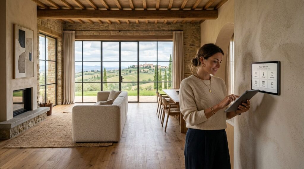 Luxury villa interior with modern smart home control panel o