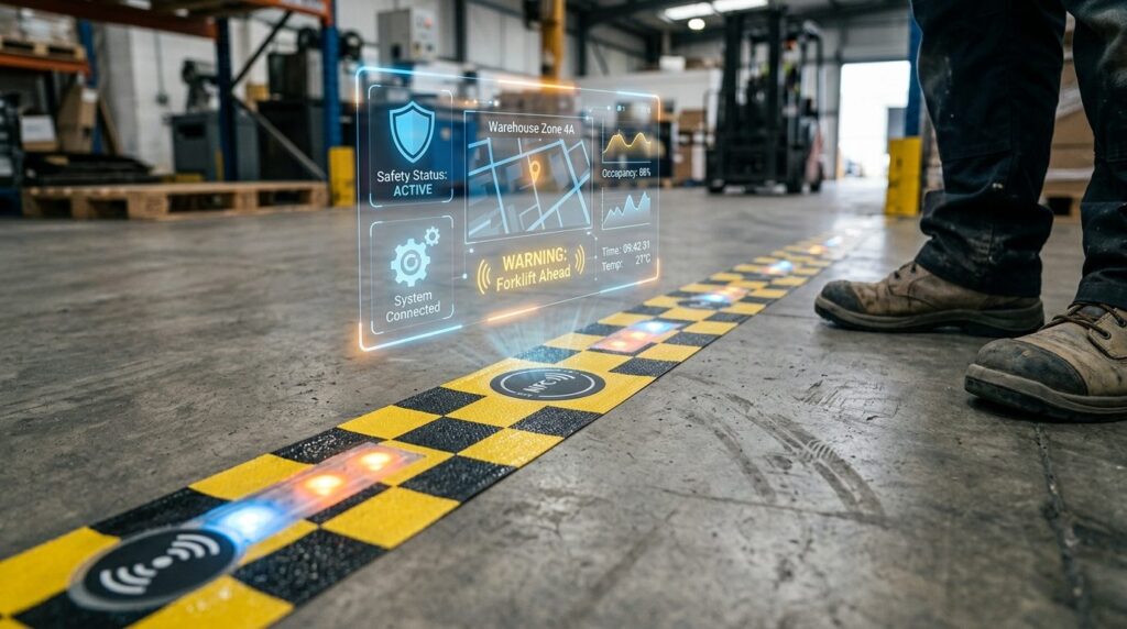 Close-up photorealistic view of intelligent floor safety tap