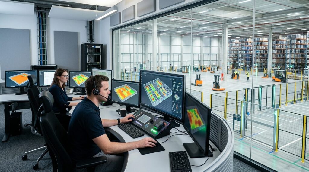 Modern logistics center command room with security monitors 