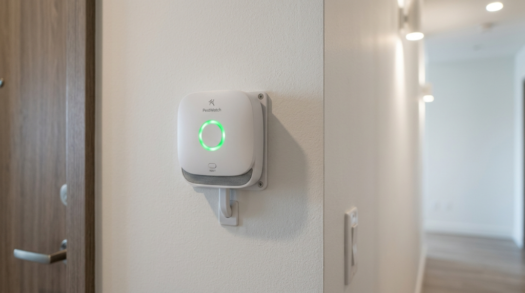 Close-up of a smart IoT pest detection device mounted on res