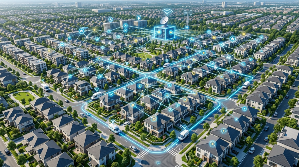 Aerial view of residential housing complex with illustrated