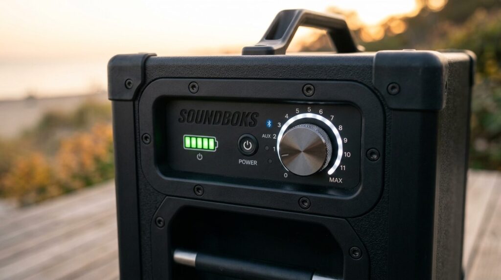 Close-up detailed shot of a Soundboks speakers battery indi