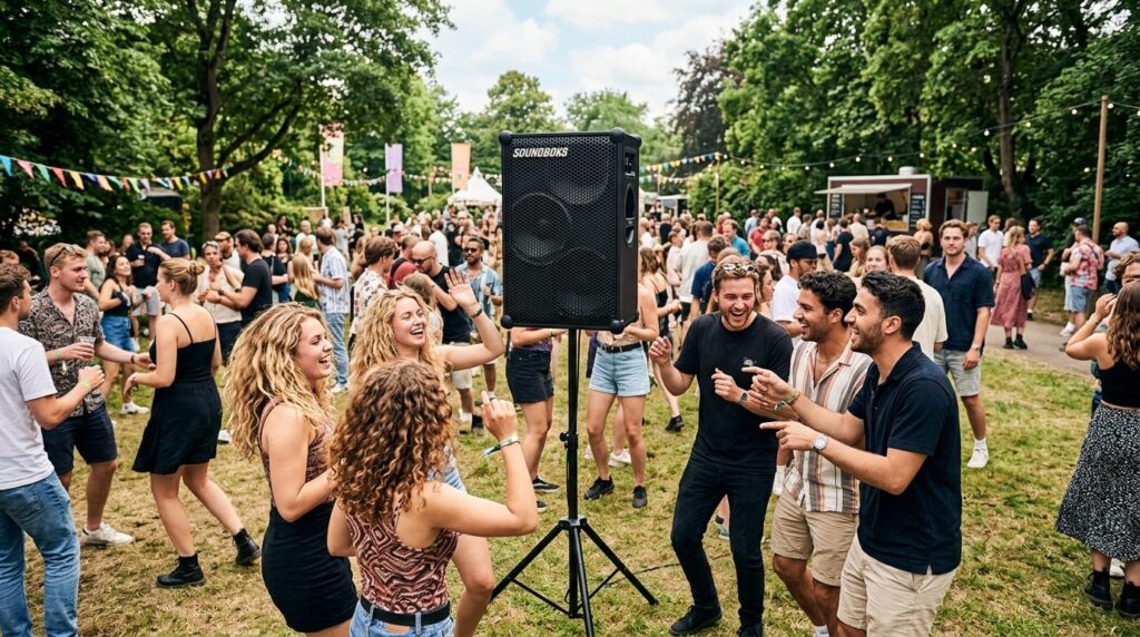 Outdoor festival or garden party scene with a Soundboks spea