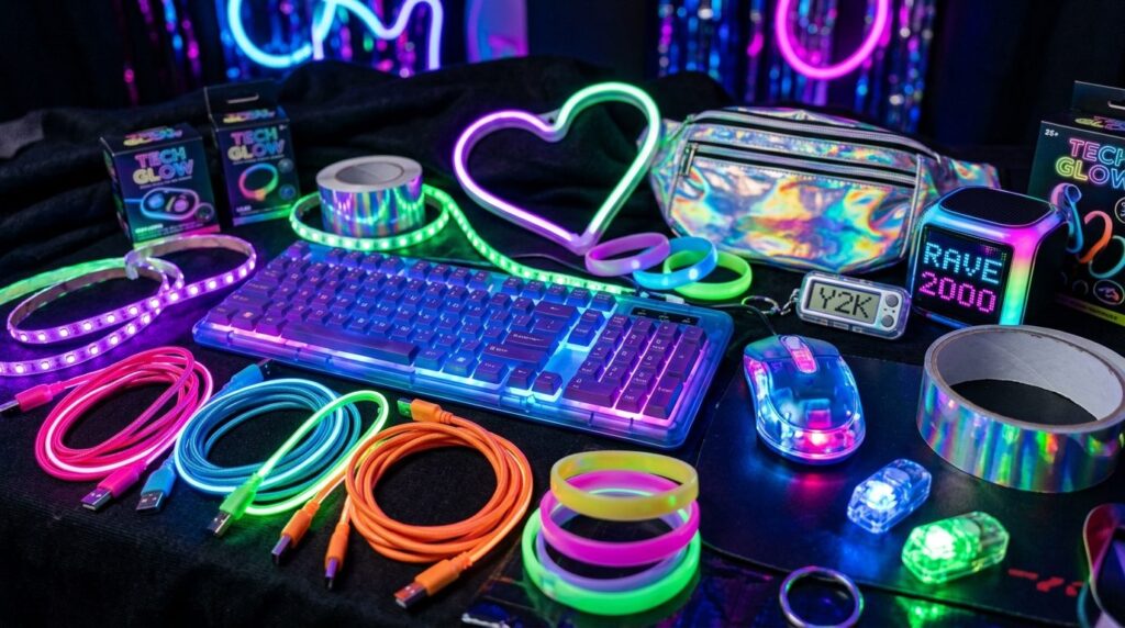 Close-up photorealistic shot of affordable LED gadgets and t