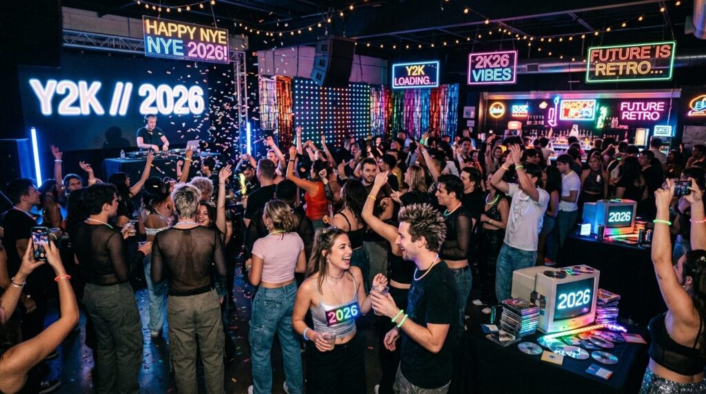 Full party scene photorealistic image of a budget Y2K 2026 c